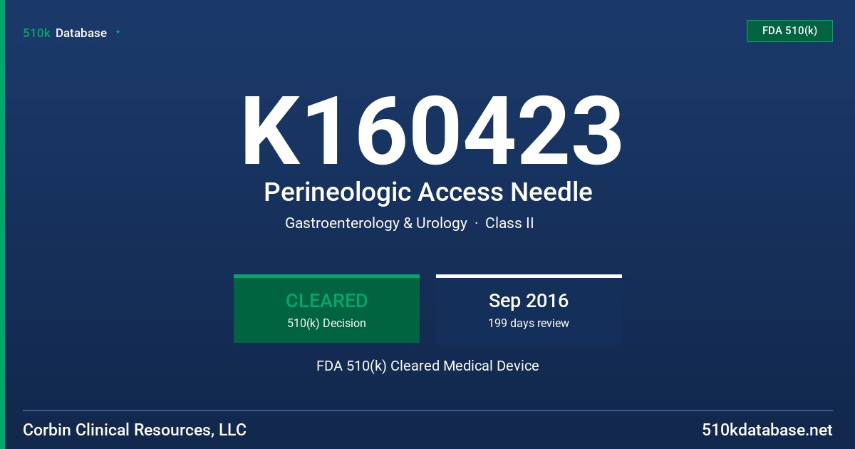 K160423 Perineologic Access Needle FDA 510(k) Cleared Medical Device