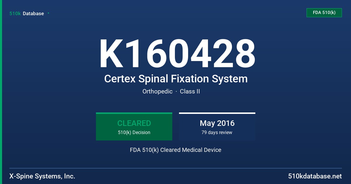 K160428 Certex Spinal Fixation System FDA 510(k) Cleared Medical Device