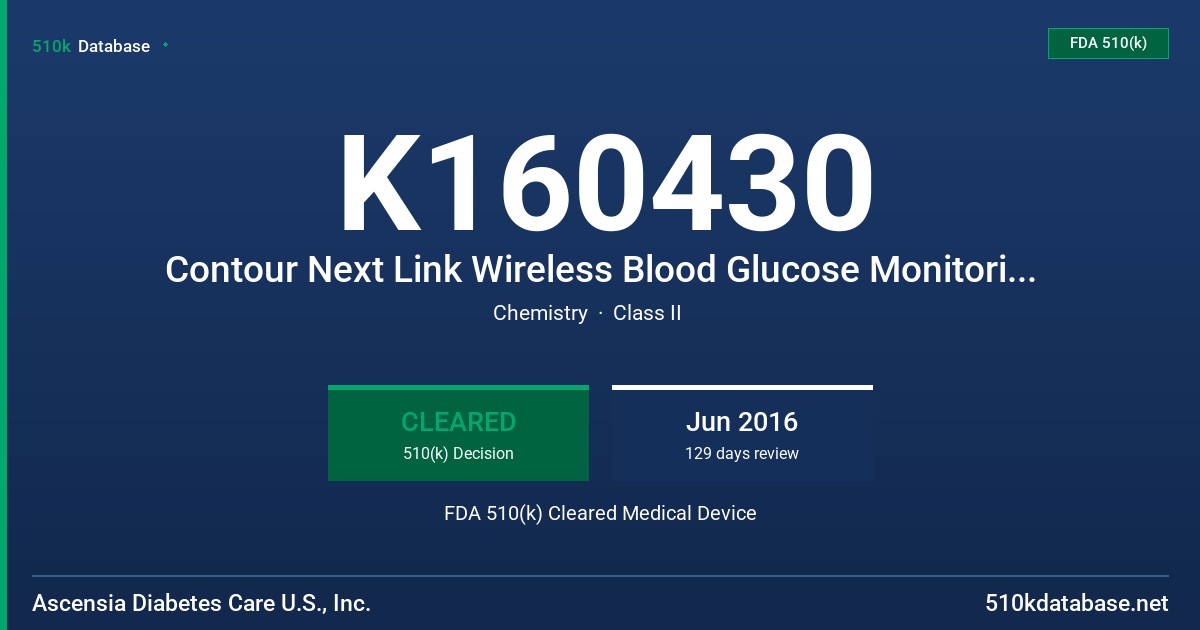 K160430 Contour Next Link Wireless Blood Glucose Monitoring System, Contour Next Blood Glucose Monitoring System FDA 510(k) Cleared Medical Device