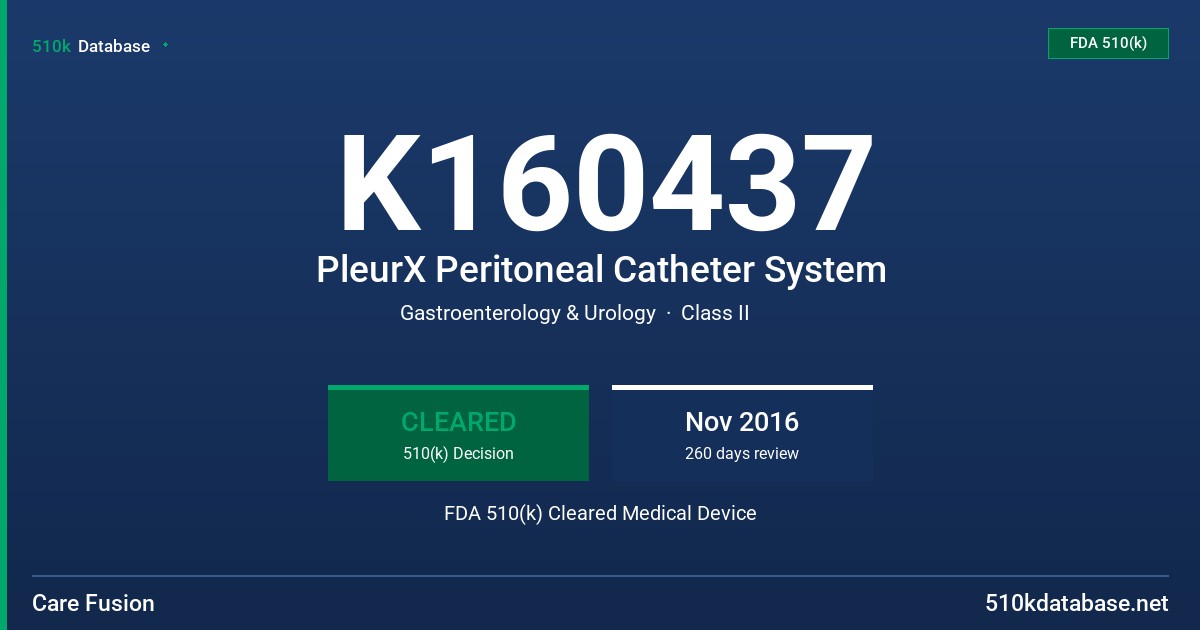 K160437 PleurX Peritoneal Catheter System FDA 510(k) Cleared Medical Device