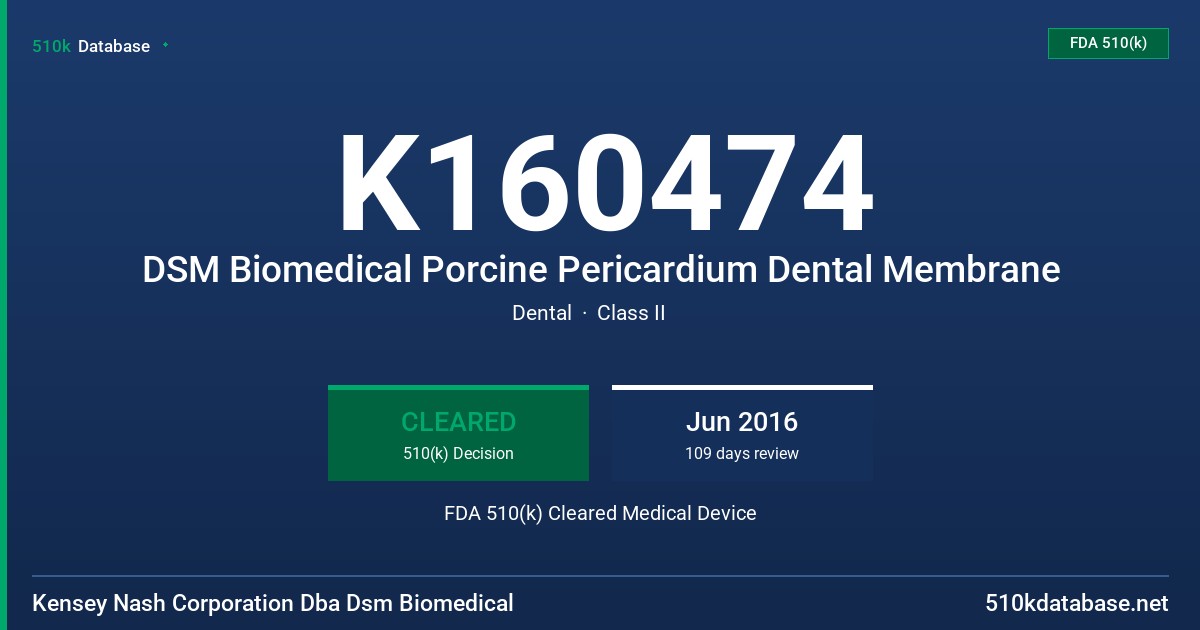 K160474 DSM Biomedical Porcine Pericardium Dental Membrane FDA 510(k) Cleared Medical Device