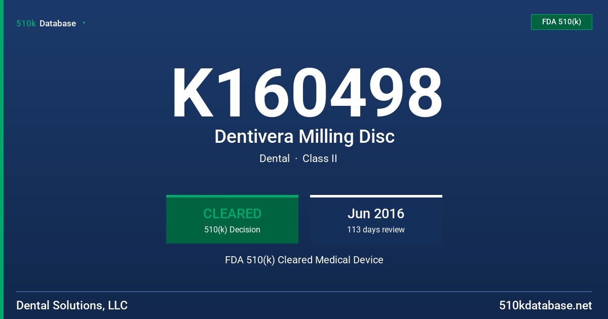 K160498 Dentivera Milling Disc FDA 510(k) Cleared Medical Device