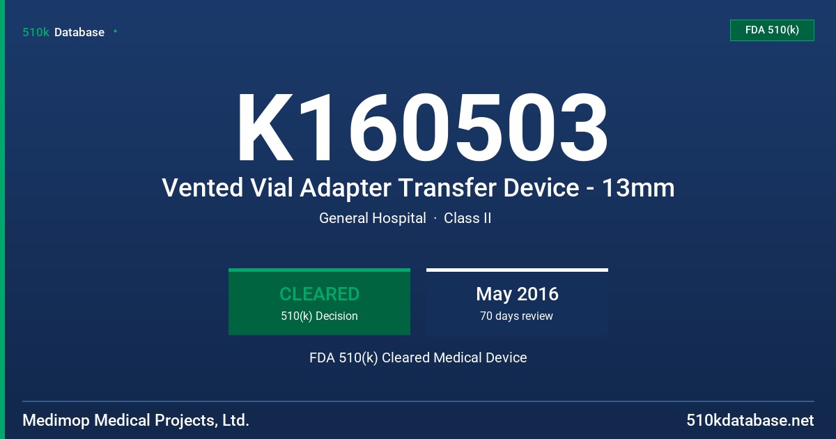 K160503 Vented Vial Adapter Transfer Device - 13mm FDA 510(k) Cleared Medical Device