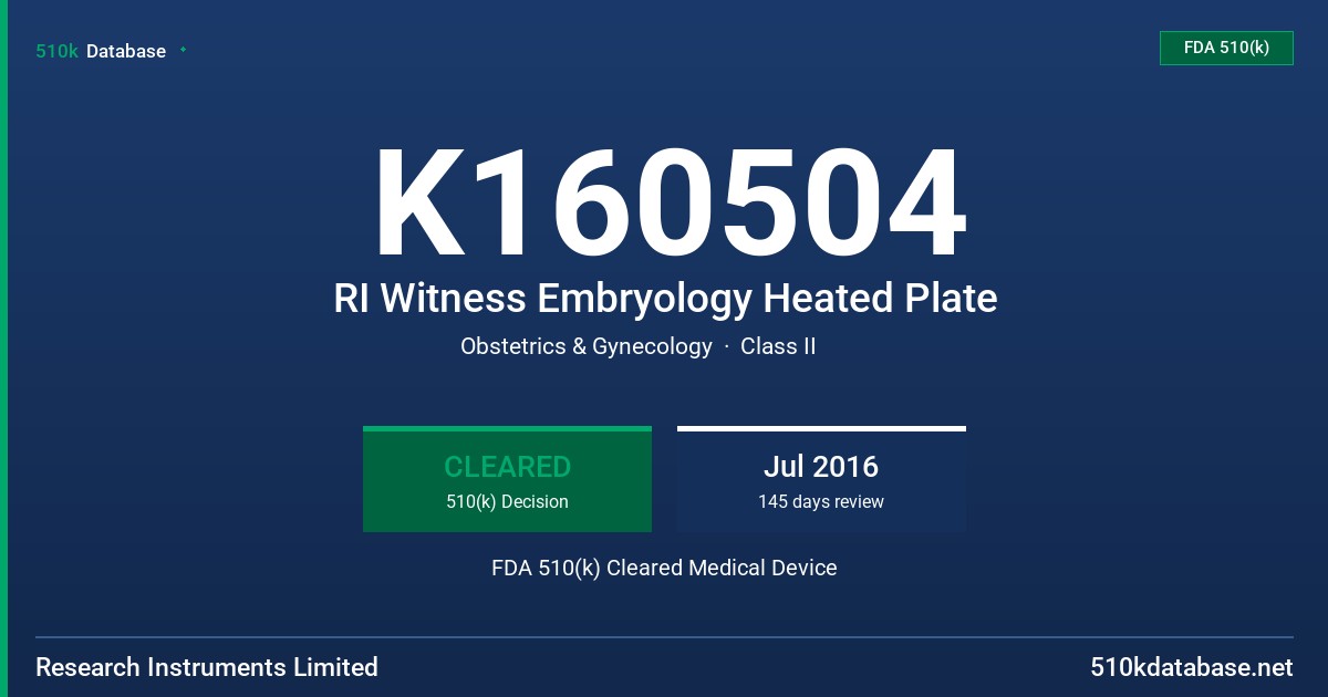 K160504 RI Witness Embryology Heated Plate FDA 510(k) Cleared Medical Device