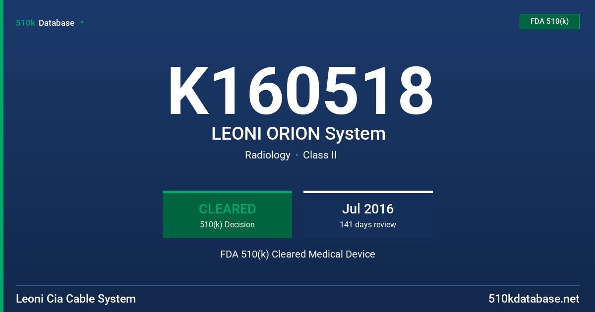 K160518 LEONI ORION System FDA 510(k) Cleared Medical Device