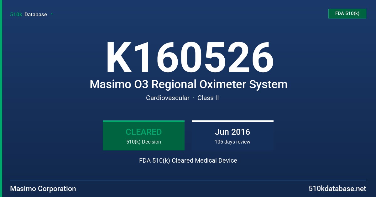 K160526 Masimo O3 Regional Oximeter System FDA 510(k) Cleared Medical Device
