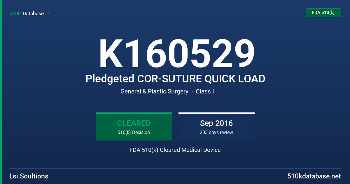 K160529 Pledgeted COR-SUTURE QUICK LOAD FDA 510(k) Cleared Medical Device