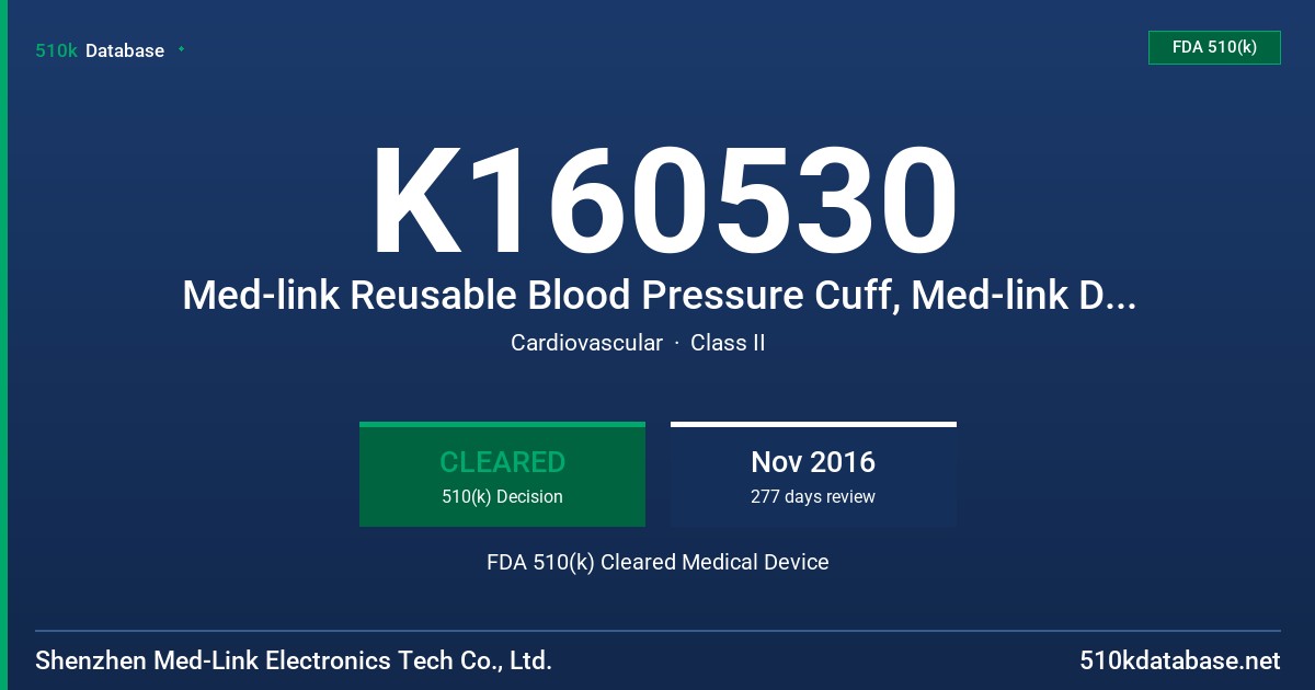 K160530 Med-link Reusable Blood Pressure Cuff, Med-link Disposable Blood Pressure Cuff FDA 510(k) Cleared Medical Device
