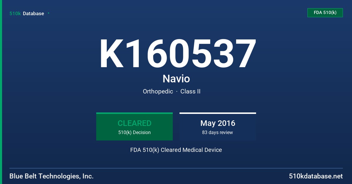 K160537 Navio FDA 510(k) Cleared Medical Device