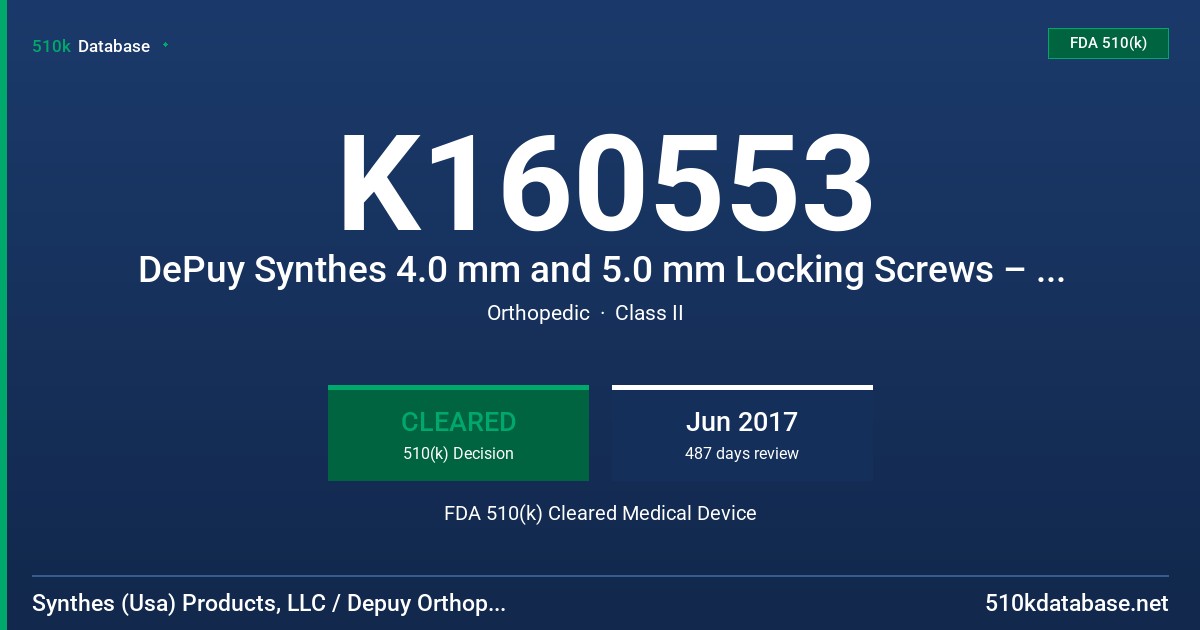 K160553 DePuy Synthes 4.0 mm and 5.0 mm Locking Screws – MR Conditional, DePuy Synthes Wrist Fusion Plate (WFP) – MR Conditional, DePuy Synthes Large Fragment Dynamic Compression Locking (DCL) System –MR Conditional, DePuy Synthes Small Fragment Dynamic Compression Locking (DCL) System – MR Conditional, DePuy Synthes Modular Foot System – MR Conditional, DePuy Synthes T-Plates – MR Conditional, DePuy Synthes One-third Tubular Plate with Collar (OTPC) – MR Conditional, DePuy Synthes Stainless S FDA 510(k) Cleared Medical Device