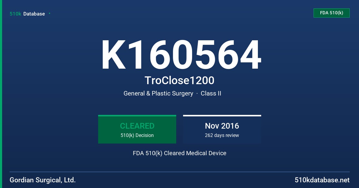 K160564 TroClose1200 FDA 510(k) Cleared Medical Device
