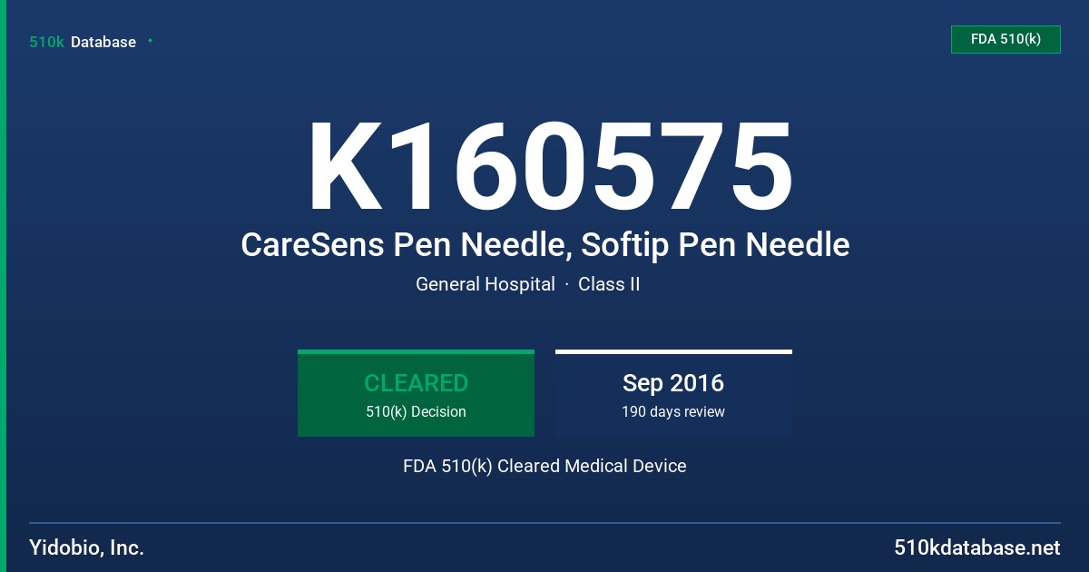 K160575 CareSens Pen Needle, Softip Pen Needle FDA 510(k) Cleared Medical Device