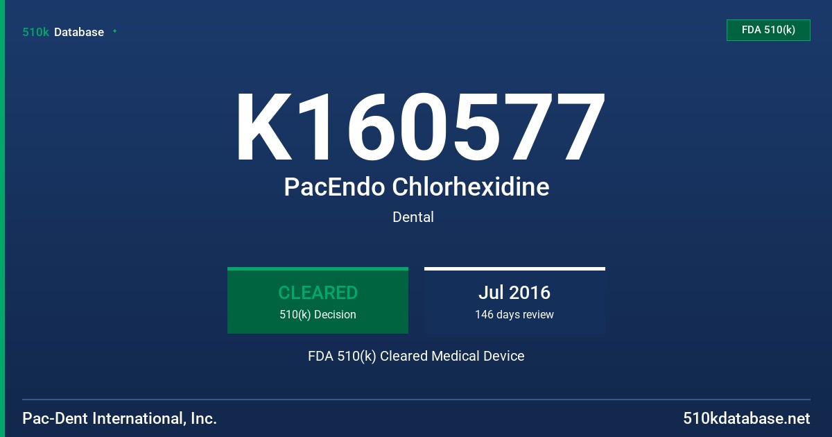 K160577 PacEndo Chlorhexidine FDA 510(k) Cleared Medical Device