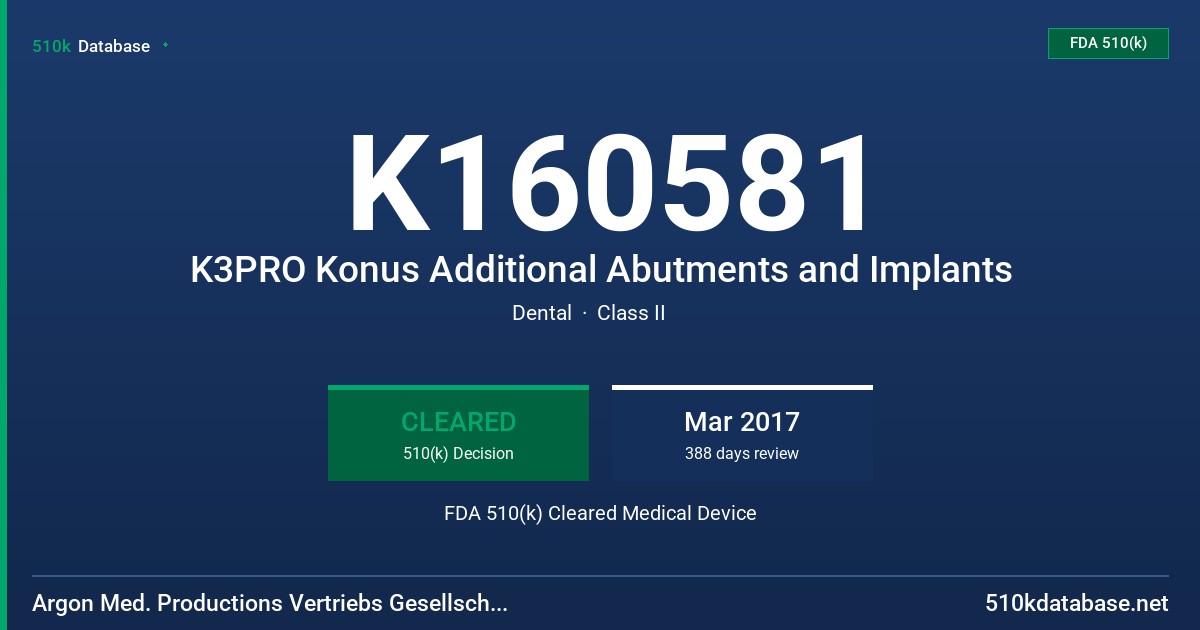 K160581 K3PRO Konus Additional Abutments and Implants FDA 510(k) Cleared Medical Device