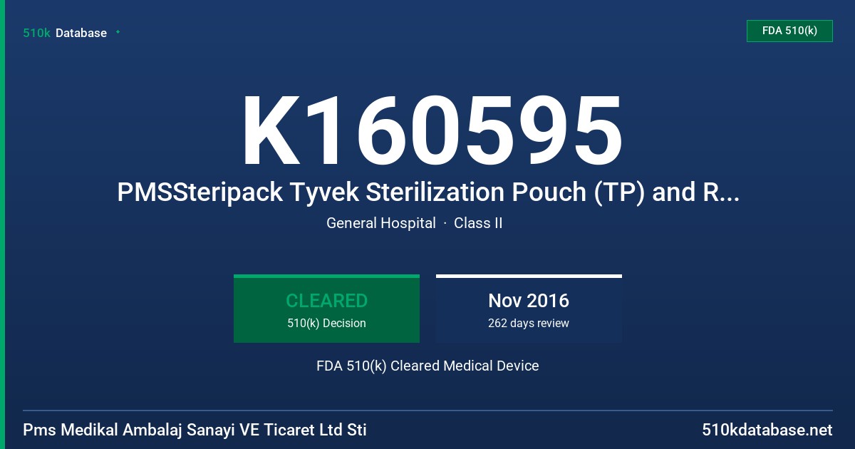 K160595 PMSSteripack Tyvek Sterilization Pouch (TP) and Roll (TY) with Chemical Indicator FDA 510(k) Cleared Medical Device