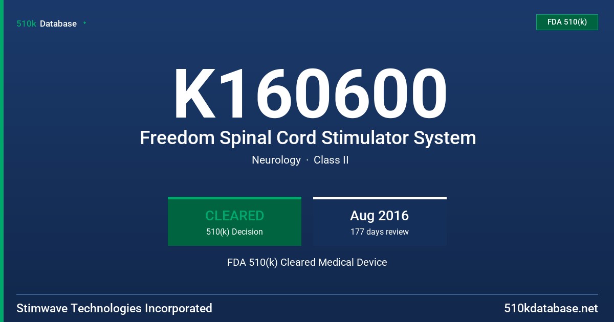 K160600 Freedom Spinal Cord Stimulator System FDA 510(k) Cleared Medical Device