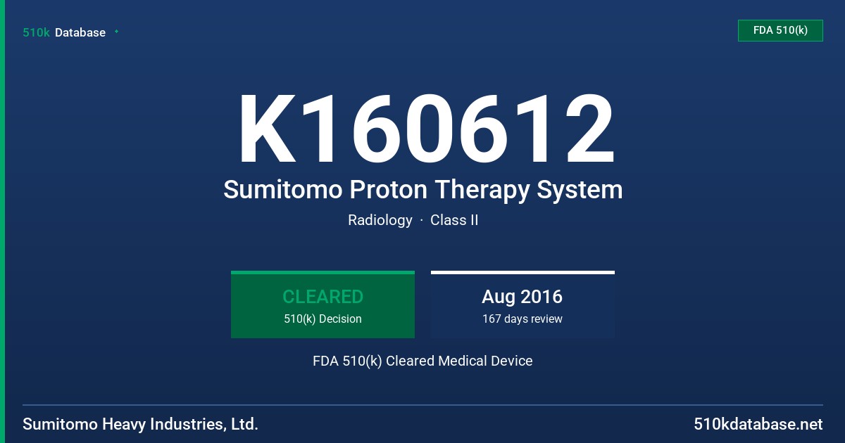 K160612 Sumitomo Proton Therapy System FDA 510(k) Cleared Medical Device