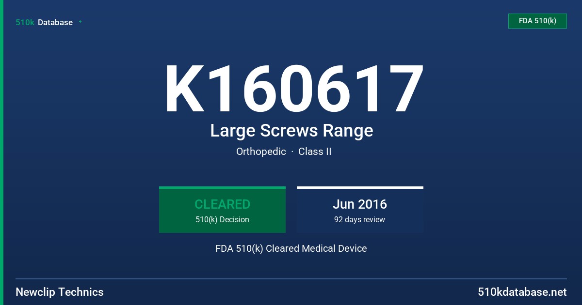 K160617 Large Screws Range FDA 510(k) Cleared Medical Device