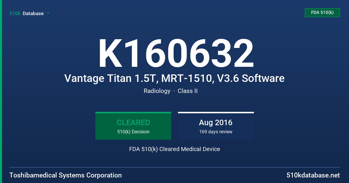 K160632 Vantage Titan 1.5T, MRT-1510, V3.6 Software FDA 510(k) Cleared Medical Device