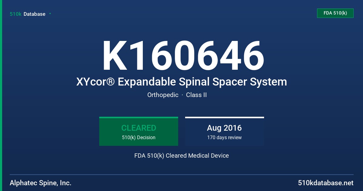 K160646 XYcor® Expandable Spinal Spacer System FDA 510(k) Cleared Medical Device