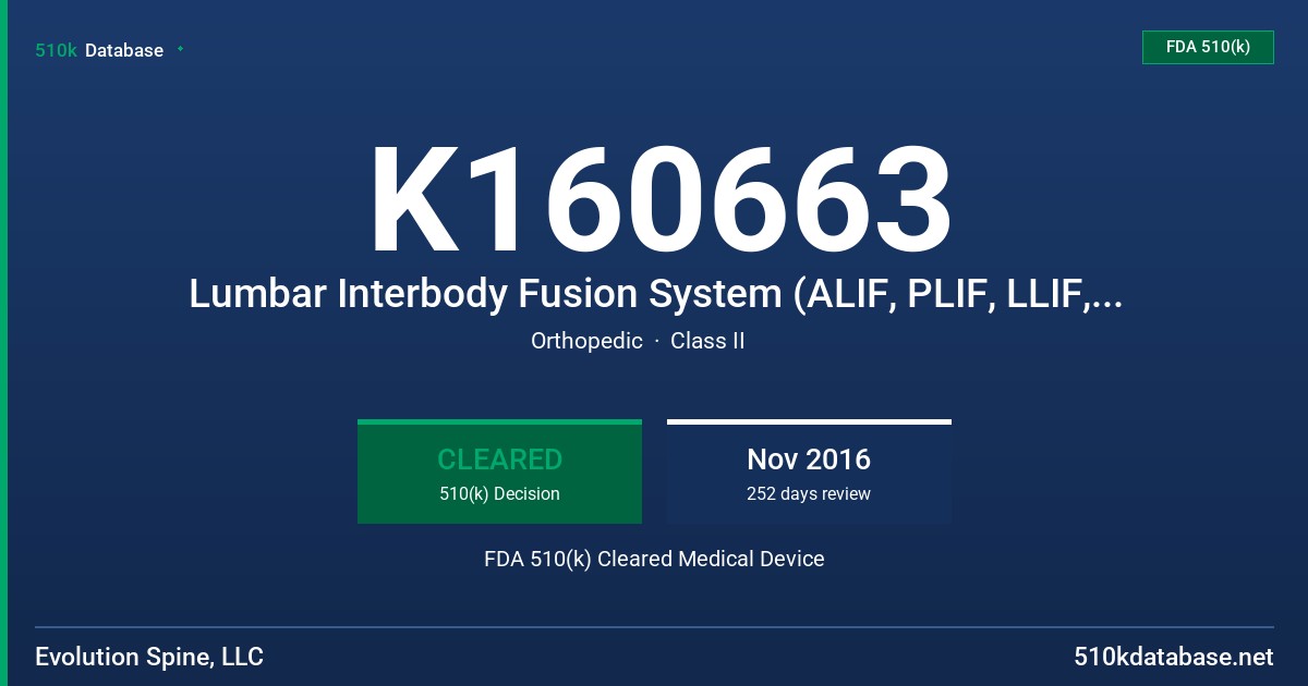 K160663 Lumbar Interbody Fusion System (ALIF, PLIF, LLIF, TPLIF) FDA 510(k) Cleared Medical Device