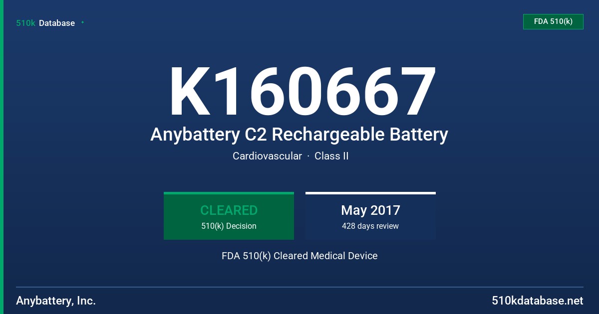 K160667 Anybattery C2 Rechargeable Battery FDA 510(k) Cleared Medical Device
