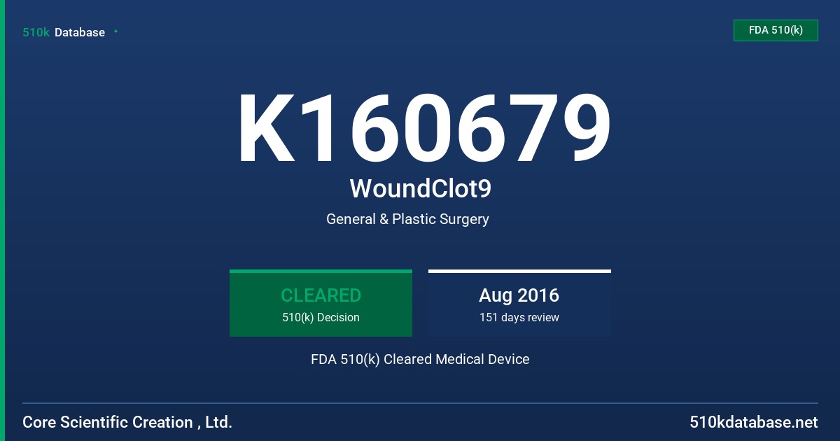K160679 WoundClot9 FDA 510(k) Cleared Medical Device