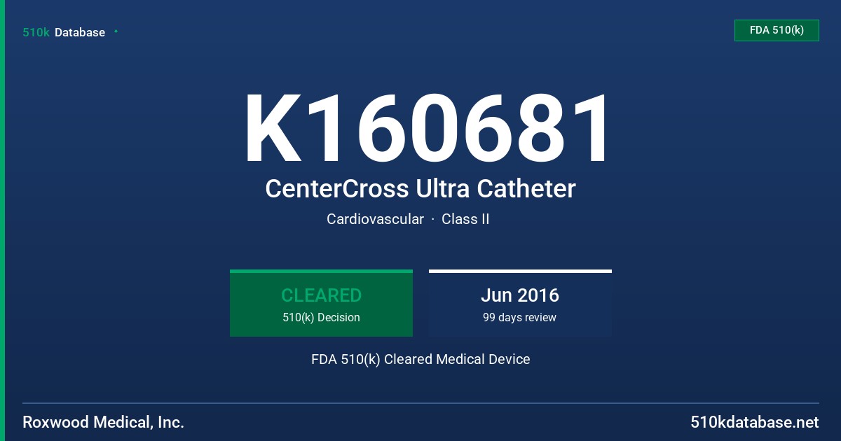 K160681 CenterCross Ultra Catheter FDA 510(k) Cleared Medical Device