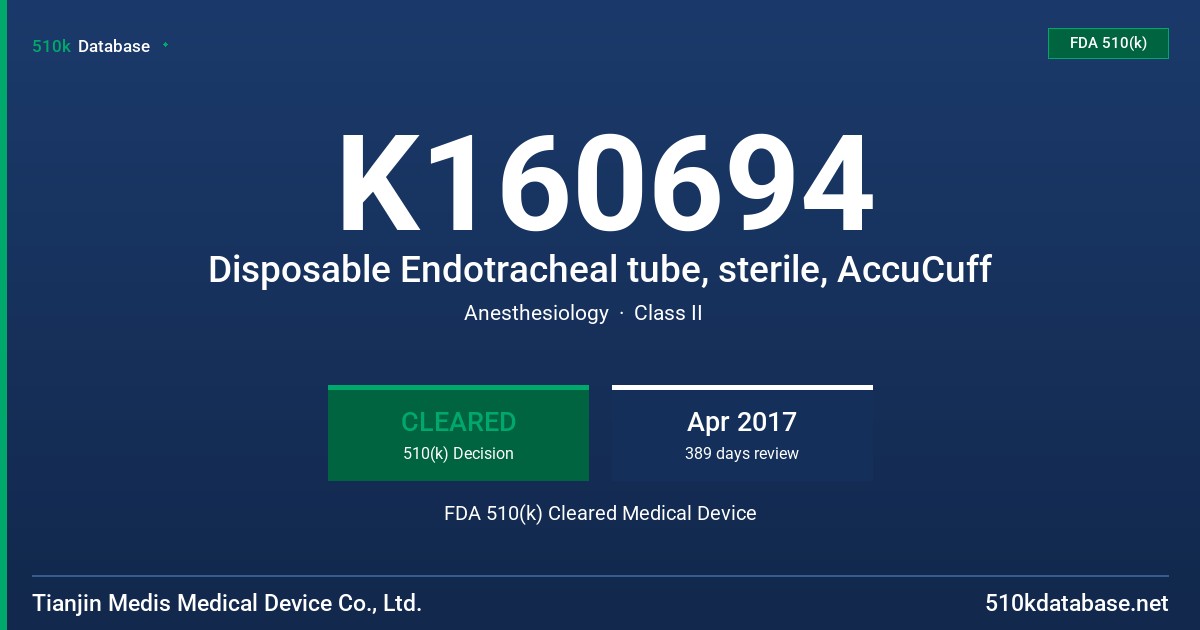 K160694 Disposable Endotracheal tube, sterile, AccuCuff FDA 510(k) Cleared Medical Device