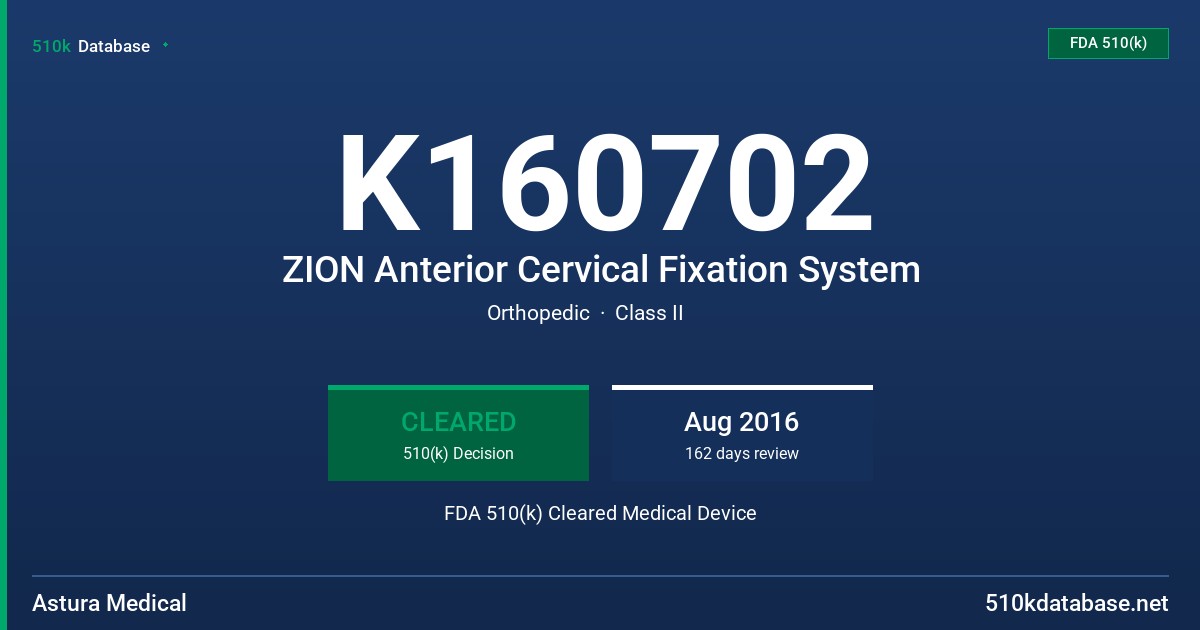 K160702 ZION Anterior Cervical Fixation System FDA 510(k) Cleared Medical Device