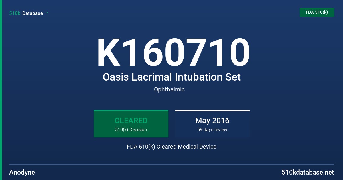 K160710 Oasis Lacrimal Intubation Set FDA 510(k) Cleared Medical Device