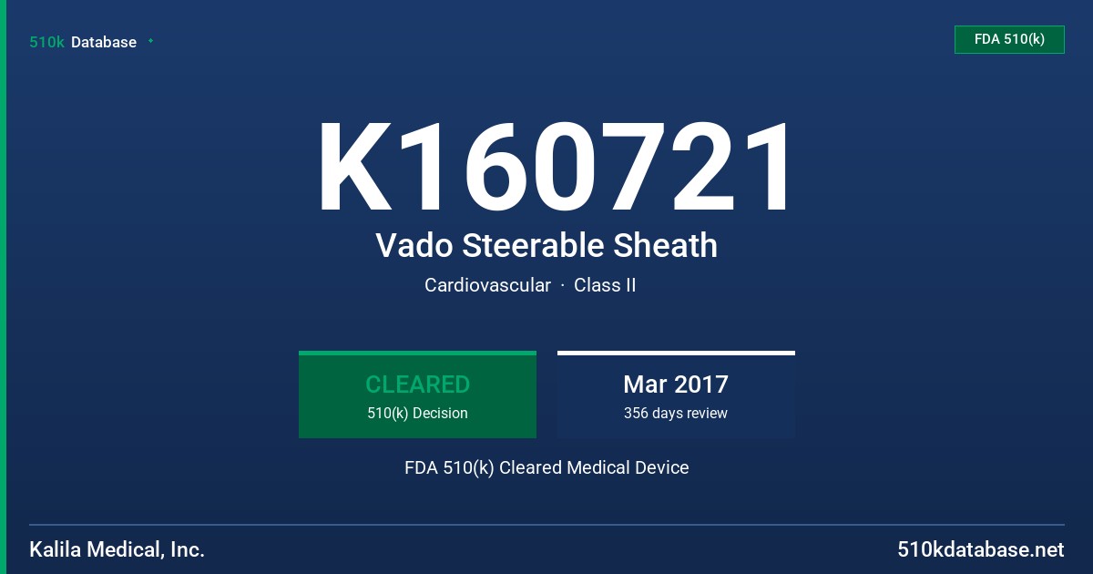 K160721 Vado Steerable Sheath FDA 510(k) Cleared Medical Device