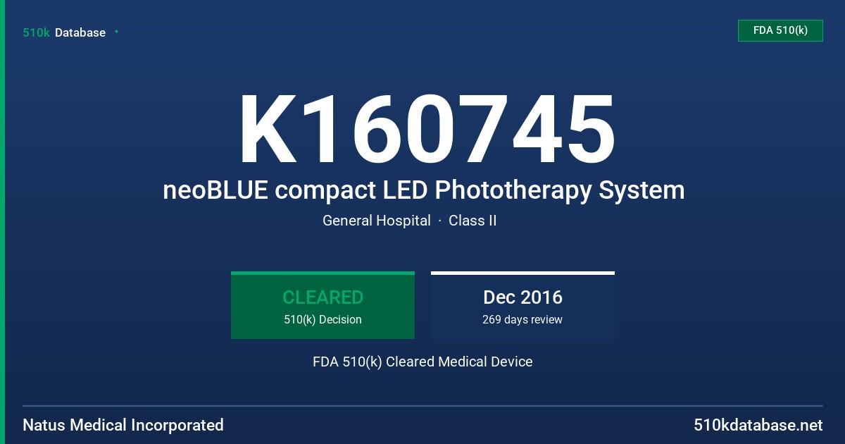 K160745 neoBLUE compact LED Phototherapy System FDA 510(k) Cleared Medical Device