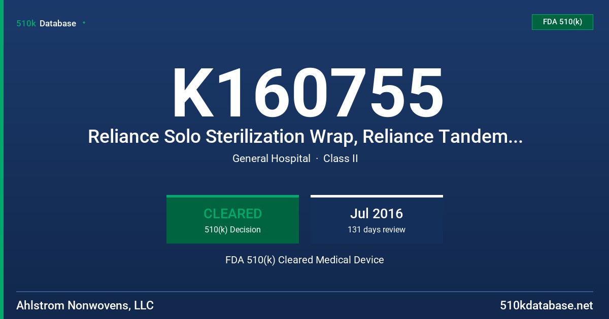 K160755 Reliance Solo Sterilization Wrap, Reliance Tandem Sterilization Wrap FDA 510(k) Cleared Medical Device