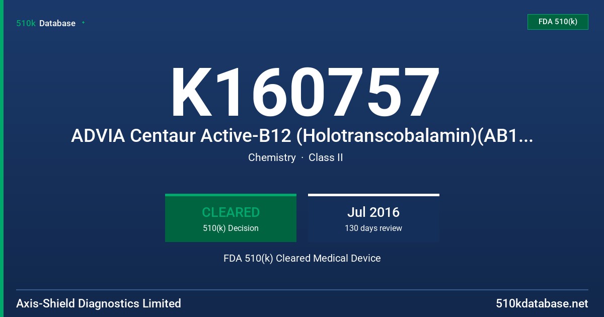 K160757 ADVIA Centaur Active-B12 (Holotranscobalamin)(AB12) Assay, ADVIA Centaur Active-B12(AB12) Quality Control, and ADVIA Centaur Active-B12 (AB12) Master Curve Materials (MCM) FDA 510(k) Cleared Medical Device