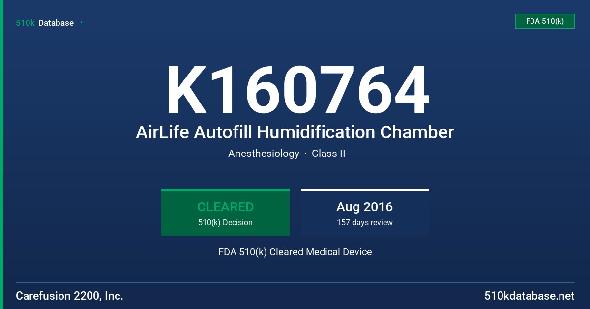 K160764 AirLife Autofill Humidification Chamber FDA 510(k) Cleared Medical Device