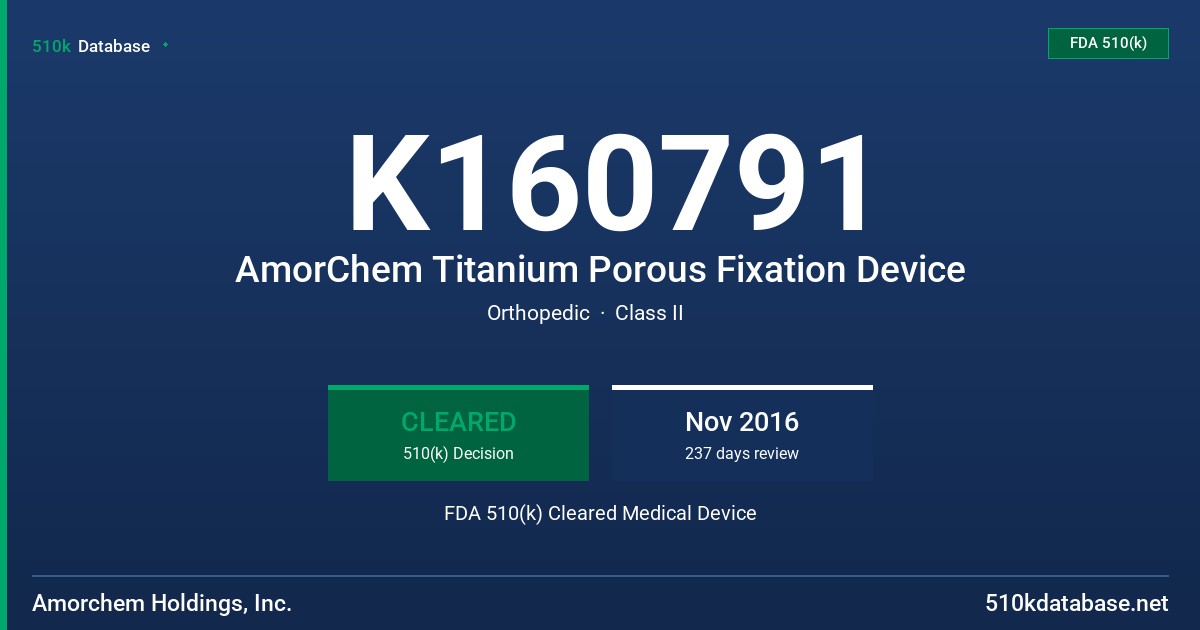 K160791 AmorChem Titanium Porous Fixation Device FDA 510(k) Cleared Medical Device