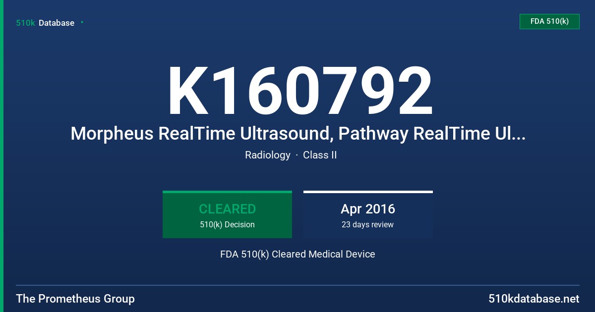K160792 Morpheus RealTime Ultrasound, Pathway RealTime Ultrasound, QuickScan Bladder Ultrasound FDA 510(k) Cleared Medical Device