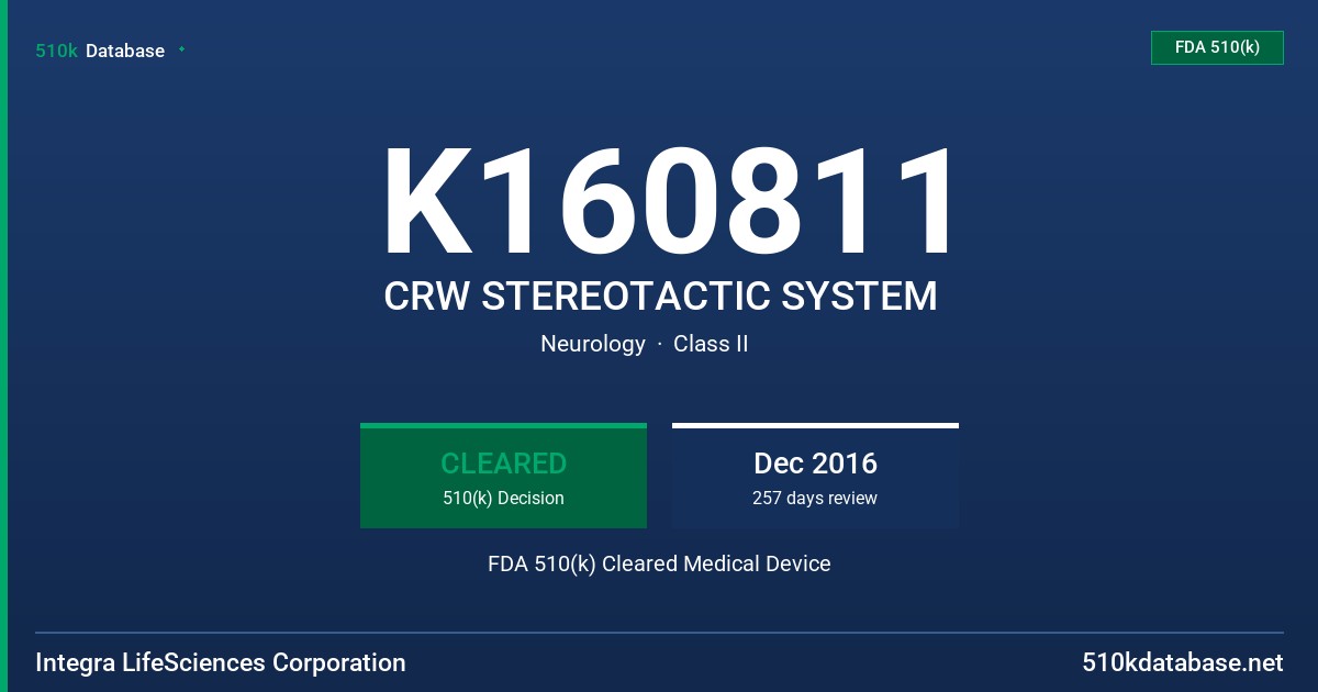 K160811 CRW STEREOTACTIC SYSTEM FDA 510(k) Cleared Medical Device