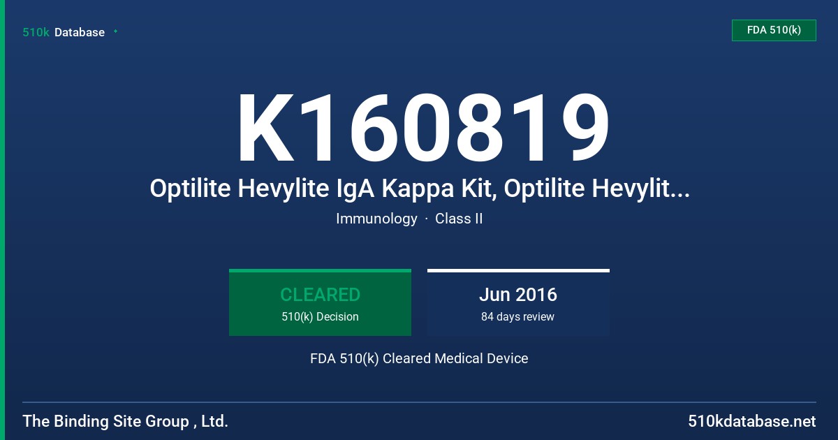 K160819 Optilite Hevylite IgA Kappa Kit, Optilite Hevylite IgA Lambda Kit FDA 510(k) Cleared Medical Device
