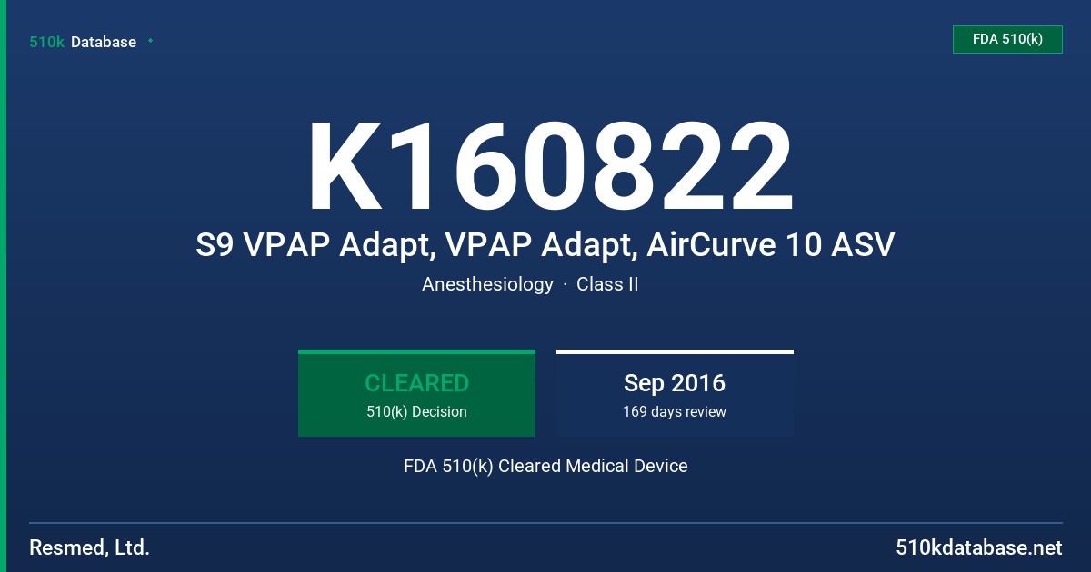K160822 S9 VPAP Adapt, VPAP Adapt, AirCurve 10 ASV FDA 510(k) Cleared Medical Device