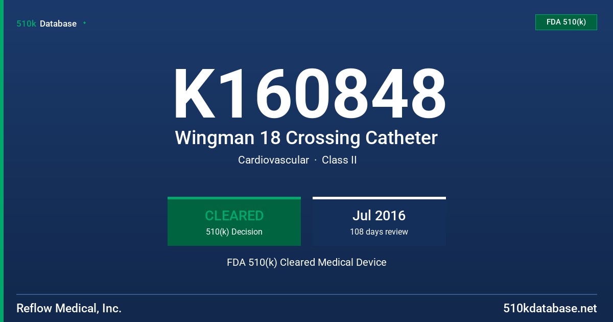 K160848 Wingman 18 Crossing Catheter FDA 510(k) Cleared Medical Device