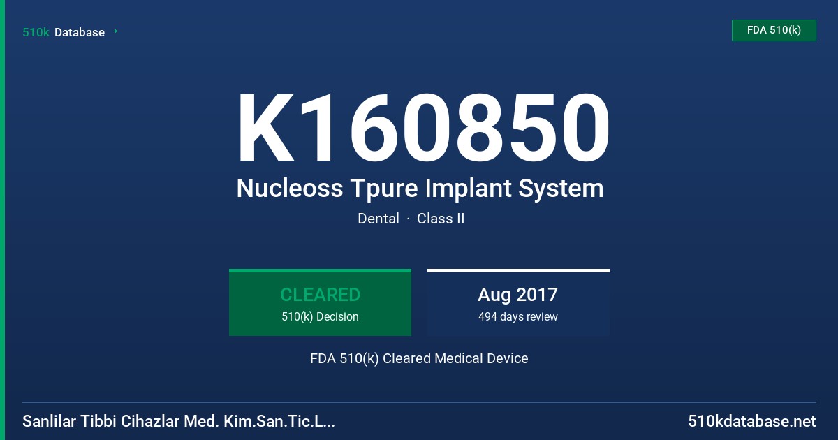 K160850 Nucleoss Tpure Implant System FDA 510(k) Cleared Medical Device