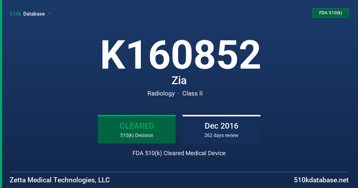 K160852 Zia FDA 510(k) Cleared Medical Device