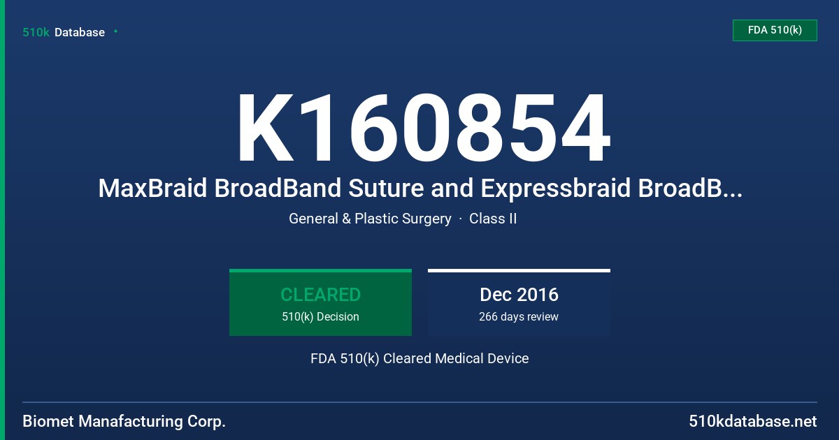K160854 MaxBraid BroadBand Suture and Expressbraid BroadBand Graft Manipulation Suture FDA 510(k) Cleared Medical Device