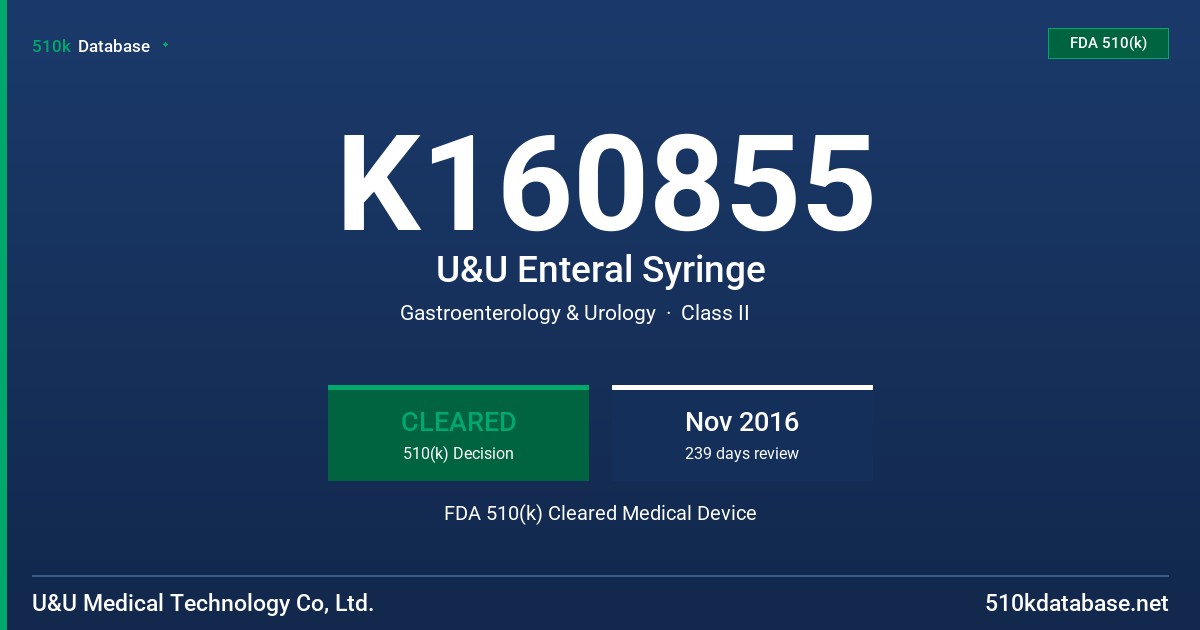 K160855 U&U Enteral Syringe FDA 510(k) Cleared Medical Device