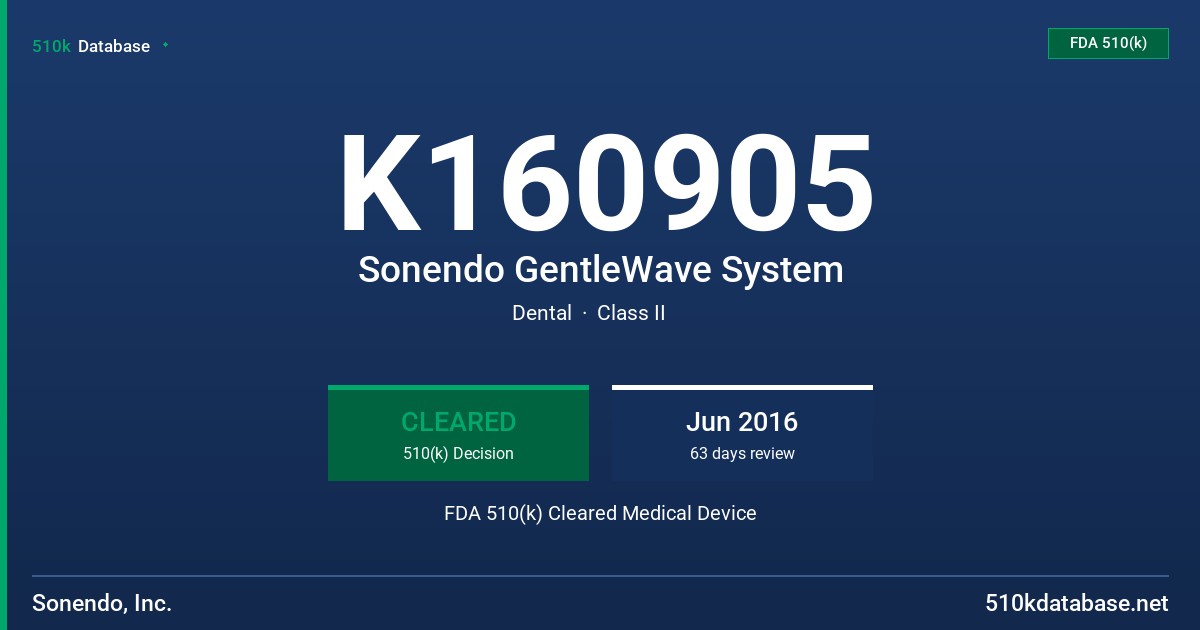 K160905 Sonendo GentleWave System FDA 510(k) Cleared Medical Device