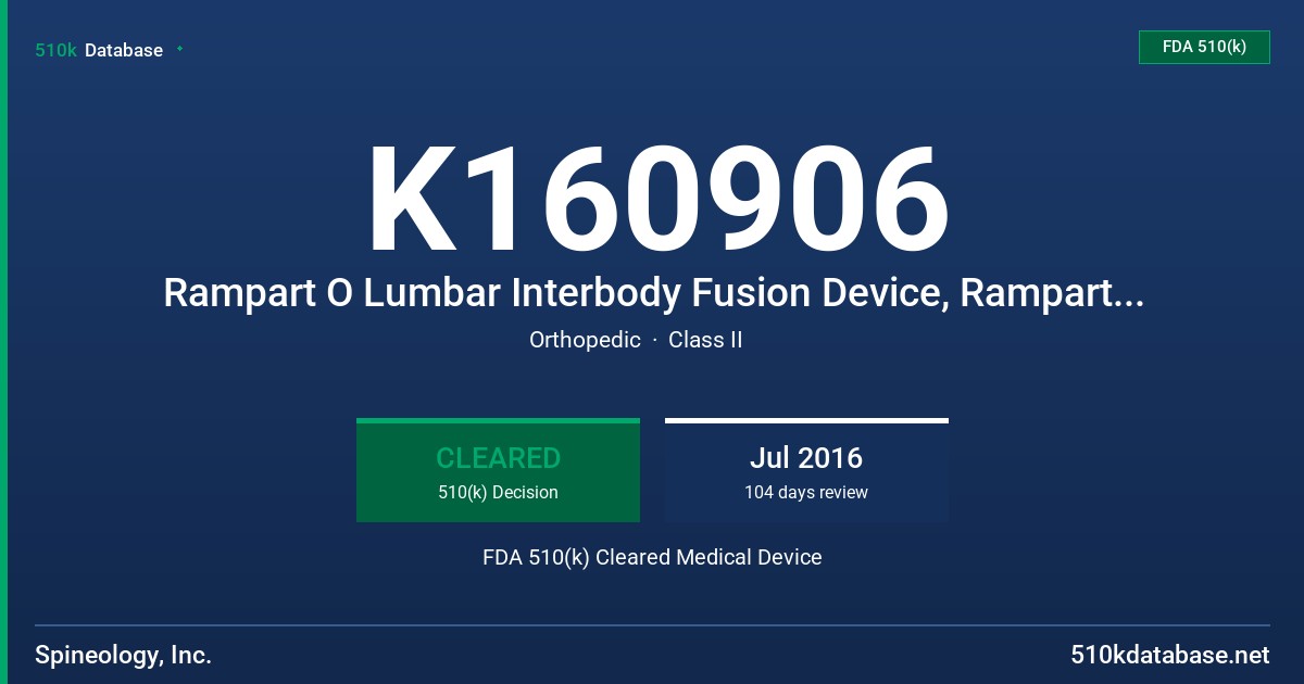 K160906 Rampart O Lumbar Interbody Fusion Device, Rampart T Lumbar Interbody Fusion Device, Rampart A lumbar Interbody Fusion Device FDA 510(k) Cleared Medical Device