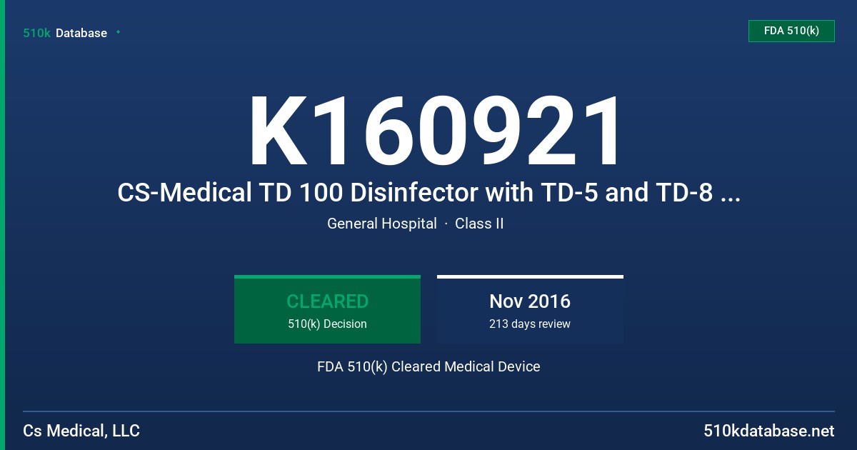 K160921 CS-Medical TD 100 Disinfector with TD-5 and TD-8 High Level Disinfectants, CS Medical TD-5 High Level Disinfectant, CS Medical TD-8 High Level Disinfectant FDA 510(k) Cleared Medical Device