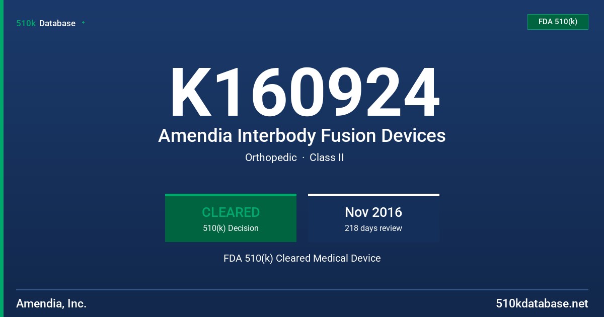 K160924 Amendia Interbody Fusion Devices FDA 510(k) Cleared Medical Device